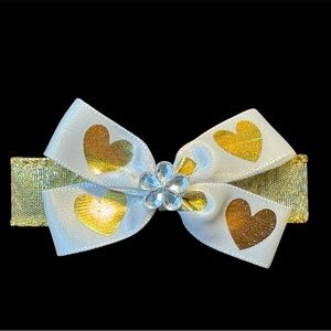 Valentine’s Day Hearts White And Gold Hair Bow French Barrette New